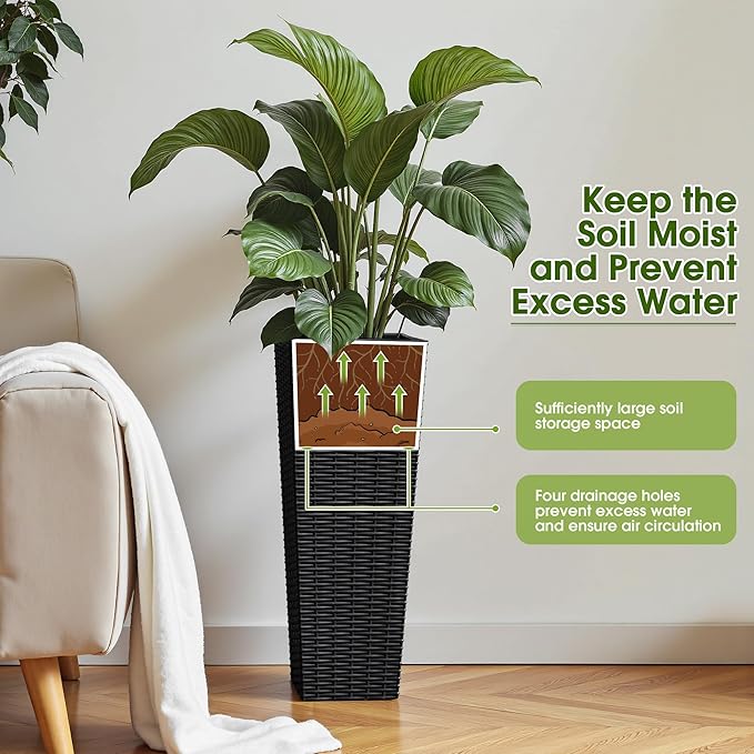 Devoko Resin Tall Planters for Outdoor Plants Set of 2, Large Taper Outdoor Planter Pots with 4 Drainage Holes, Flower Pots Modern Decor for Porch, Patio, Backyard, Home Garden (Black, 24")-Ruum Studio Home