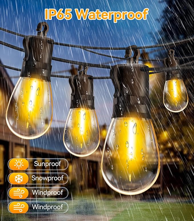 Outdoor-String-Lights-Patio-LED-Light-Outside 50Ft 15M Waterproof Remote Dimmable S14 LED Porch Lighting with 15 Edison Plastic Bulb Hanging Lights Connectable for Backyard Yard Gazebo Party Garden-Ruum Studio Home