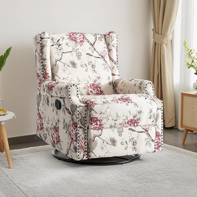 UIXE Swivel Rocker Manual Recliner Chair, Wingback Swivel Glider Fabric Nursery Reclining Sofa Chair, High Back Upholstered Arm Chair for Living Room Bedroom - Beige Floral-Ruum Studio Home