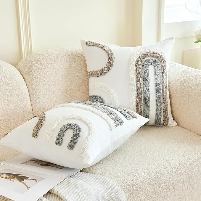 HOdo Home 18x18 Throw Pillow Covers, 2PCS Tufted Boho Jacquard Pillow Covers,Farmhouse Decorative Pillow Cover,Pillow Cases for Couch Sofa Bed Stylish Decor, Simple Textured Cushion Sham-Ruum Studio Home
