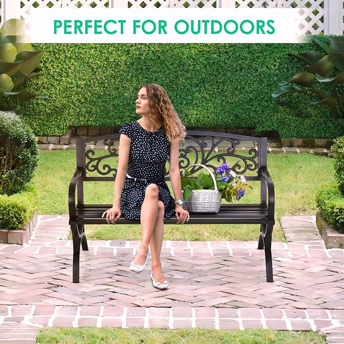 FDW Outdoor 50 Inches Garden Bench, Slatted Seat Armrests Floral Design Backres and Arch Legs, Perfect for Park, Yard, Porch, Lawn, Balcony, Backyard, Black-Ruum Studio Home