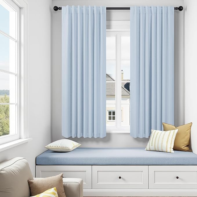 Light Blue Linen Curtains for Bedroom 63 Inch Length 2 Panel Cute Blackout Textured Darkening Light Heat Reducing Curtains for Kids Room Teen Girls Nursery Breakfast Nook Sky Blue Drape 63 Long Window-Ruum Studio Home