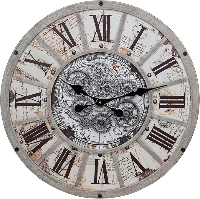 Unique Moving Gear Large Wall Clock 21inch-Battery Powered. Retro Industrial Steampunk Country Farmhouse Decor for The Living Room Kitchen Bars cafes Offices(whith/metal/21)-Ruum Studio Home