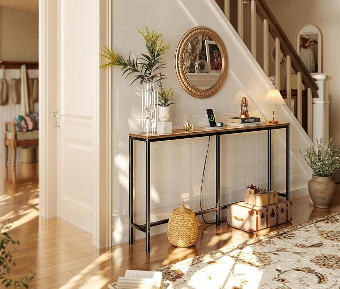 SUPERJARE Console Table with Outlet, 63 Inch Sofa Table with Charging Station, Narrow Entryway Table, Behind Couch Table, for Living Room, Plants - Rustic Brown-Ruum Studio Home