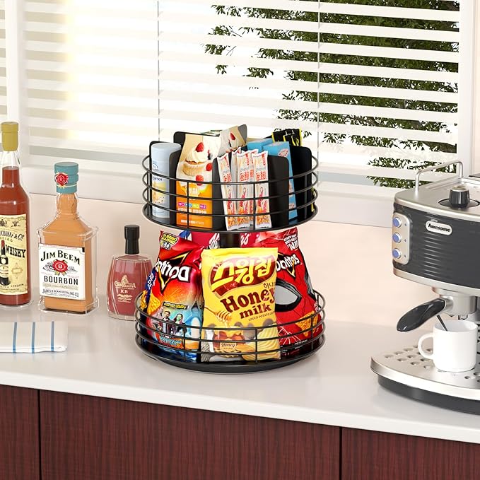Snack Organizer - Versatile Snack Storage 2 Tier Lazy Susan with Convenient Grab-and-Go Design, Metal Snack Holder for Home, Office, Breakroom, 11.85" L x 11.85" W x 13.3" H (Matte Black)-Ruum Studio Home
