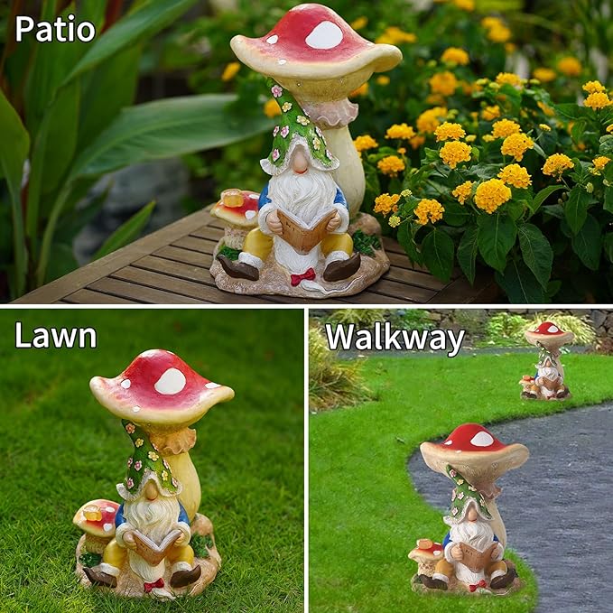 Upgraded Size Solar Garden Outdoor Statues Gnome Reading Under Mushroom with 5 LED Solar Figurine for Lawn,Patio,Balcony,Yard Decor Unique Housewarming Gift for Grandfather, Father,Grandma,Wen-Ruum Studio Home
