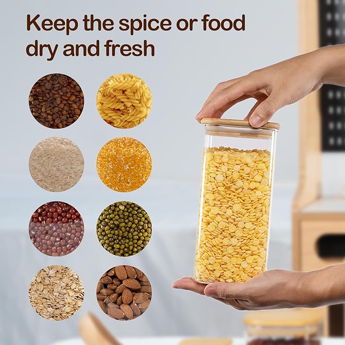 52oz Airtight Glass Square Storage Canister with Bamboo Lid Set of 3 (1550ml) Container Stackable Spice Jar, Kitchen Canister for Flour, Cookies, Cereal and Coffee beans (‎with Black Lable)-Ruum Studio Home