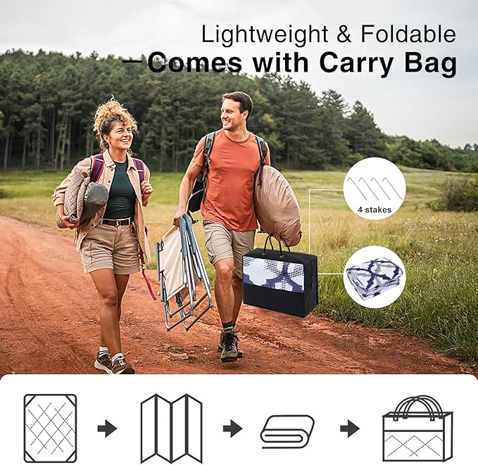 OLANLY Reversible Outdoor Rug 8x10 ft Clearance, Waterproof Outdoor Plastic Straw Rug with Interlacing Pattern, RV Mat for Patio, Camping, Balcony, Deck, Backyard, Navy & White-Ruum Studio Home