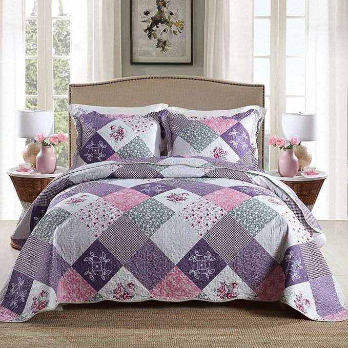 NEWLAKE Quilt Bedspread Sets-Floral Checkered Pattern Reversible Coverlet Set,King Size-Ruum Studio Home