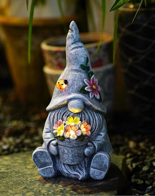 Goodeco Sitting Gnome Holding Flower Statue - Solar Garden Gnomes Decor for Outside with LED Lights, for Women or Moms, Housewarming Gnome Decorations-Ruum Studio Home