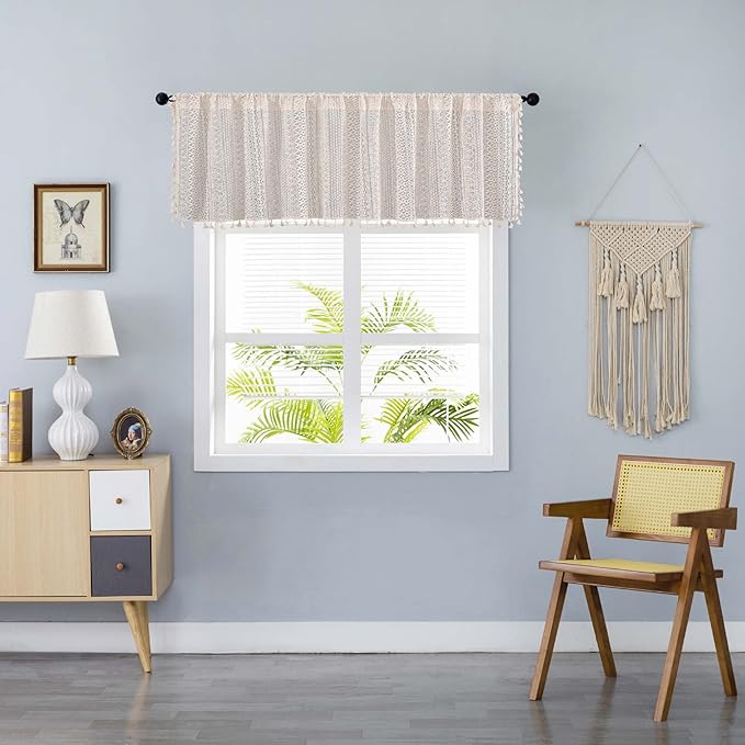 Sutuo Home Boho Sheer Curtain Valance Tier Crochet Lace with Bohemian Hollow Knitted Handmade Tassels, Short Farmhouse Window Treatment for Kitchen Cafe, Rod Pocket, 1 Panel 59" W x 24" L, Beige-Ruum Studio Home