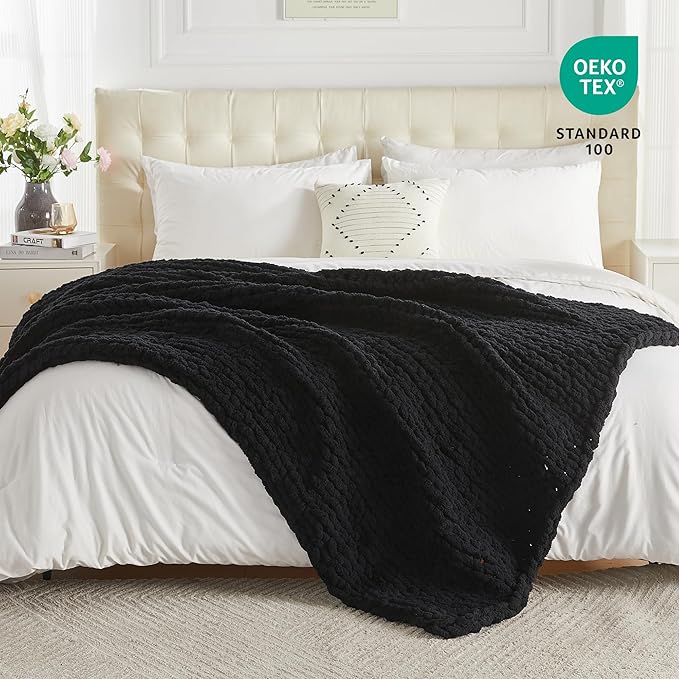 Carriediosa Chunky Knit Throw Blanket 50" X 60", 100% Hand Made Large Chenille Loop Yarn Soft Fluffy Throws for Couch Sofa Bed, Big Crochet Cozy Heavy Thick Cable Woven Blankets, Black-Ruum Studio Home