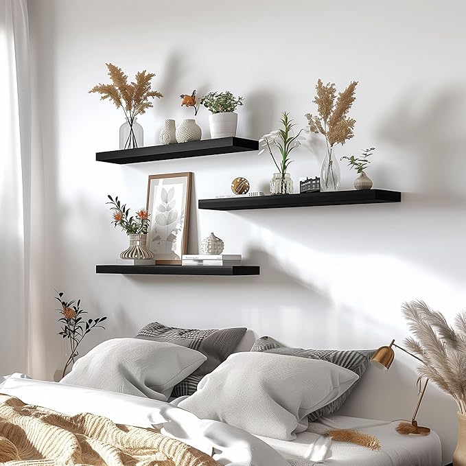 Wood Floating Shelves for Wall Decor, Rustic Wall Shelves for Bedroom Bathroom Kitchen Living Room, Set of 4 Black 24 Inch-Ruum Studio Home