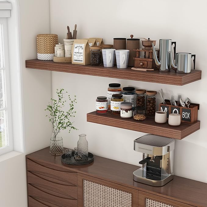 Deep Floating Shelves for Wall - 55 Inch Wide x 12 Inch Deep Wall Shelves Set of 1 - Rustic Walnut Color Wood Shelves for Living Room, Bathroom, Laundry Room, Bedroom, Kitchen, Home Office-Ruum Studio Home