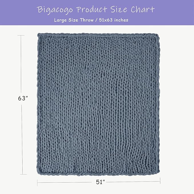 Bigacogo Chunky Knit Throw Blanket for Couch, 51x63 inches, 100% Hand Knitted with Thick Jumbo Chenille Yarn, Cozy Soft Large Rope Knot Cable Crochet Blankets for Sofa Bed Living Room, Cold Sea Blue-Ruum Studio Home