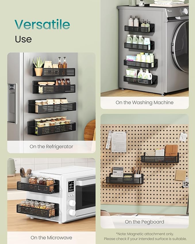 SONGMICS Magnetic Spice Rack for Refrigerator, Set of 4, 2 Large and 2 Small Kichen Magnetic Shelves for Microwave, Washing Machine, Spice Organizers, No Drilling Needed, Ink Black UKCS061B01-Ruum Studio Home