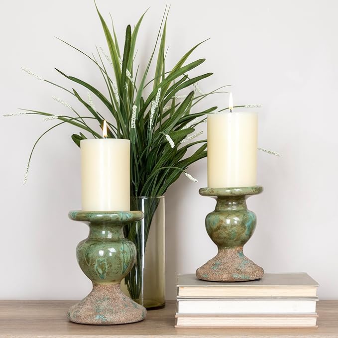 Creative Co-Op 2-Tone Sculptural Terracotta Pillar Candle Holder, Distressed Green-Ruum Studio Home