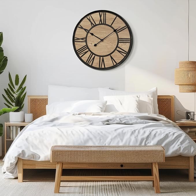 Large Wall Clock for Living Room Decor, Non Ticking Silent, Battery Operated Modern Vintage Wood Oversized Decorative Wall Clock for Bedroom Kitchen Farmhouse Office Decor-Ruum Studio Home