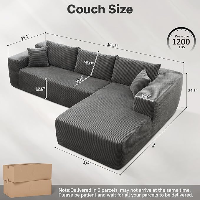 104" Cloud Sectional Couches for Living Room,L Shaped Boneless Couch in A Box,Sleeper Sofa with Comfy Chaise No Assembly Required,Grey-Ruum Studio Home