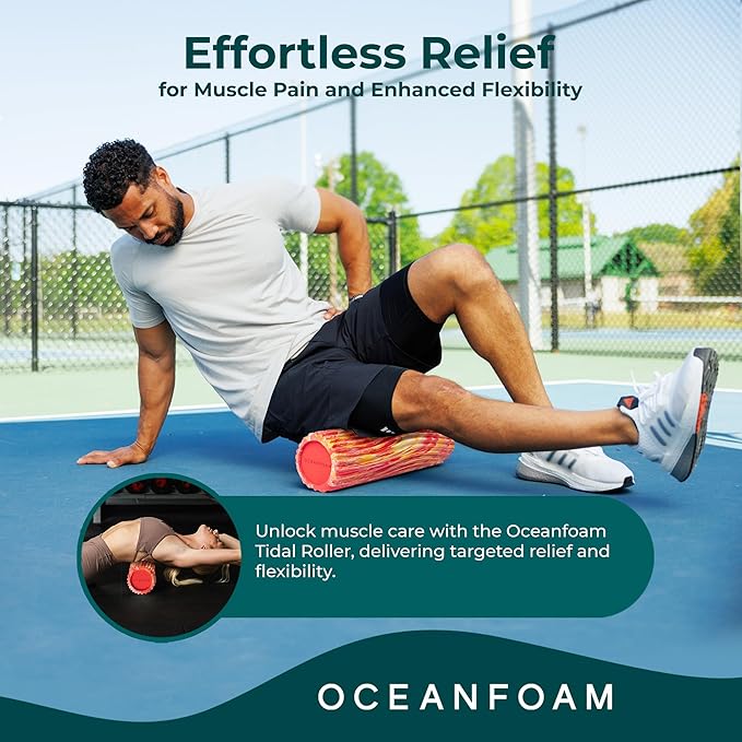 Oceanfoam Tidal Roller - Red, Gold & Natural Marbled - Muscle Massage Foam Roller for Back Pain & Stretching - Firm and Ergonomic Wide Wave Textured - Yoga, Athletics, & Wellness - Full Size, 20" x 5"-Ruum Studio Home