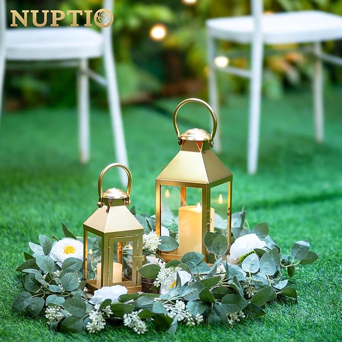 NUPTIO Gold Lanterns Decorative Indoor: 8.6 Inch Tall Metal Lantern with Glass for Pillar Candle - Fireplace Decor for Christmas Home Living Room Mantle Porch Wedding-Ruum Studio Home
