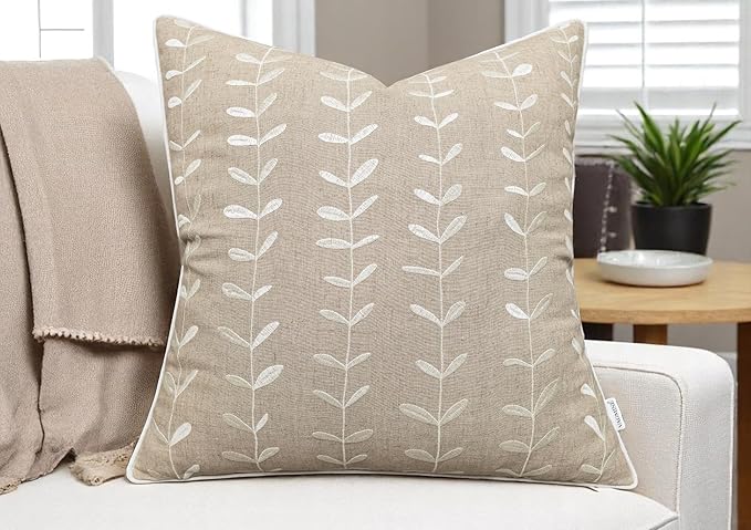 VAGMINE Embroidered Lollipop Pillow Cover - 18x18 Inches Square - 100% Linen Natural Decorative Cushion Cover - Farmhouse Rustic Embroidery - Cozy Accent for Sofa, Bed, Living Room, Neutral Home Decor-Ruum Studio Home