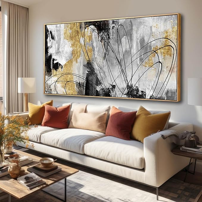 Large Canvas Wall Art Gold Abstract Paintings 29x58 Inch Wooden Framed Artwork Black Line Painting for Bedroom Bathroom Home Decor-Ruum Studio Home
