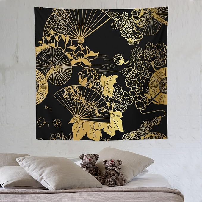 HZOHNAGO Japanese Tapestry Gold Flowers Umbrella Fan Pattern Printed Wall Tapestry Painting Wall Hanging for Bedroom Living Room Dorm 60" W x 60" H-Ruum Studio Home