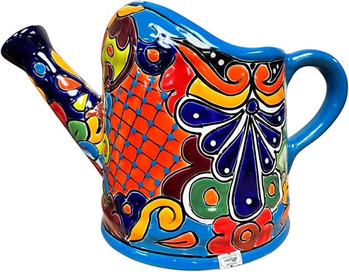 Talavera Watering Can Planter Large Flower Pot Large Mexican Pottery Folk Art Hand Painted Home Decor Garden Ceramic Handmade Multicolor 15" (Multi 3)-Ruum Studio Home