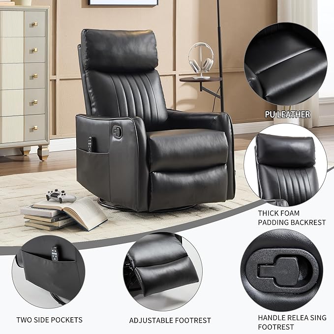 Manual Swivel Rocker Recliner Chair for Adults, Overstuffed Reclining Glider Chair for Nursing with Vibration Massage & Heat, Living Room Rocking Recliner 2-Stage backrest, Faux Leather Black-Ruum Studio Home