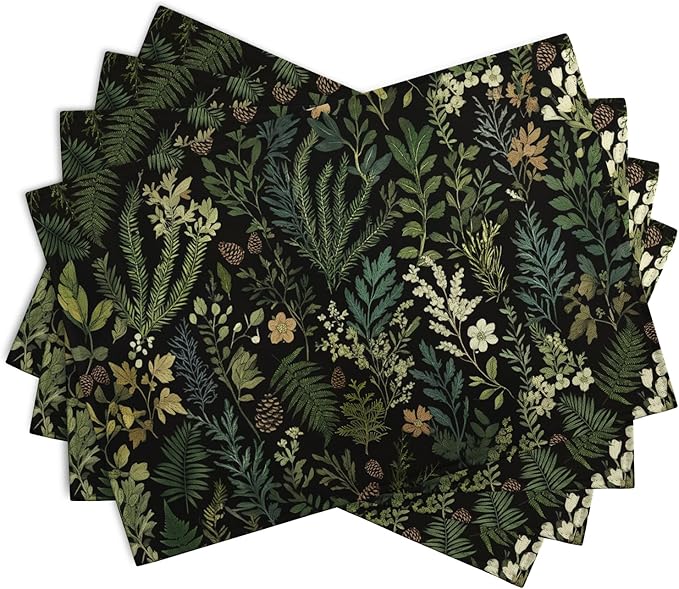 Black Sage Green Plant Placemats Set of 4 Vintage Botanic Fern Leaves Herb Floral Place Mats Rustic Farmhouse Linen Fabric Table Mats for Party Kitchen Dining Outdoor Indoor Decor-Ruum Studio Home