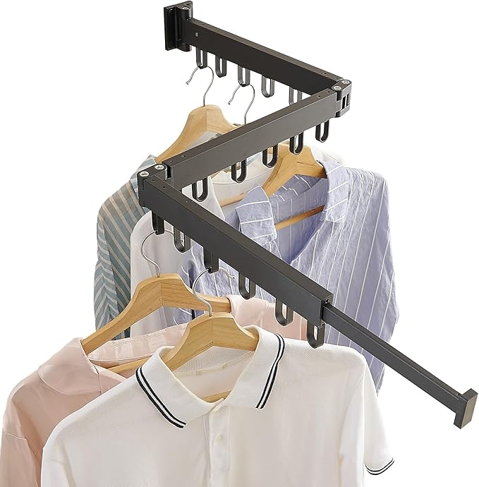 Clothes Drying Rack Wall Mounted, Laundry Drying Rack Collapsible, Space Saving Wall Drying Rack Clothing Foldable, Tri-Fold Retractable Rack Outdoor Indoor with 18 Hooks(Black，Loop-Shape Hooks)-Ruum Studio Home