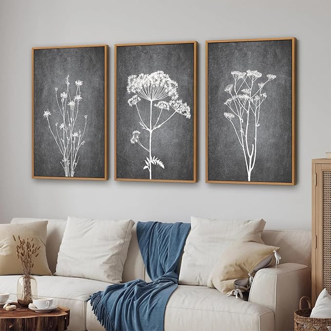Tinonedraw Black and White Botanical Framed Canvas Wall Art Set, Vintage Floral Wall Decor, Dark Academia Minimalist Plant Art Paintings, Abstract Wildflower Art Print for Living Room Bedroom 16"x24"x3-Ruum Studio Home