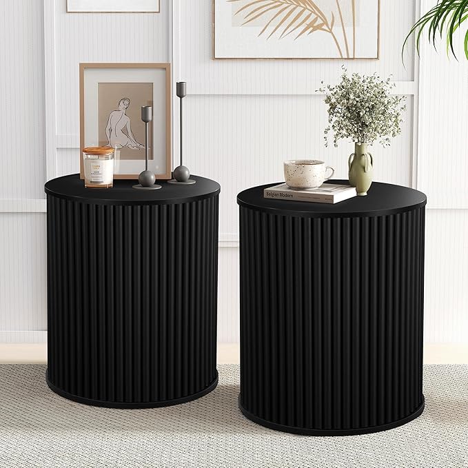 AVZEAR Small Round Side Table Fluted Night Stand Set of 2, Mid Century Modern End Table with Storage, Circle Bedside Tables Wood Nightstands for Small Spaces, Living Room, Bedroom (Black)-Ruum Studio Home
