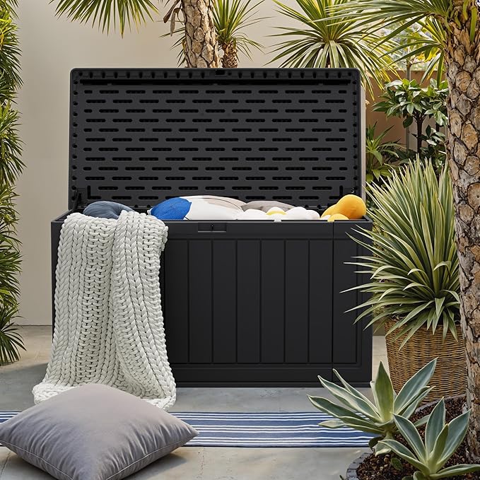 JUMMICO 160 Gallon Resin Outdoor Storage Deck Box with Divider, Waterproof Storage Box&Bench with Lockable Lid for Garden Tools, Pools Supplies (Black)-Ruum Studio Home