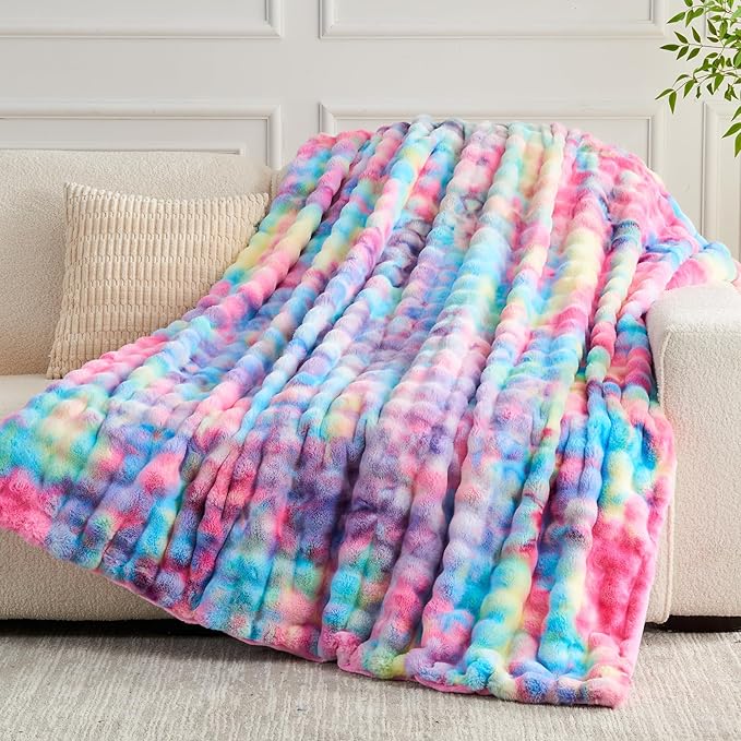 NEWCOSPLAY Faux Fur Throw Blanket Dark Rainbow Luxury Fluffy Thick Warm Bubble Blanket for Couch Sofa Bed 700GSM (Dark Rainbow, Throw(50"x60"))-Ruum Studio Home