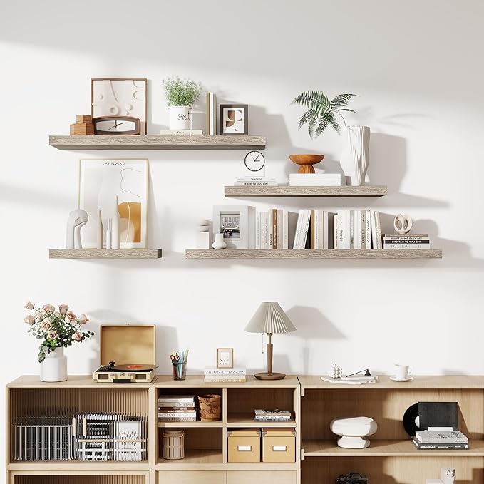 24 Inch Floating Shelves, 11.6 Inch Deep Floating Shelves for Wall, Floating Shelf with Invisible Brackets, Deep Shelves for Bathroom, Bedroom, Living Room, 2 Pack, Vintage Gray Oak-Ruum Studio Home