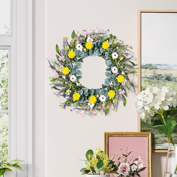 Artgar Spring Wreaths for Front Door, 24 Inch Daisy Wreath, Artificial Spring Summer Wreath with Eucalyptus Leaves Paper Flowers for Indoor Outdoor Home Door Window Wall Wedding Decor-Ruum Studio Home
