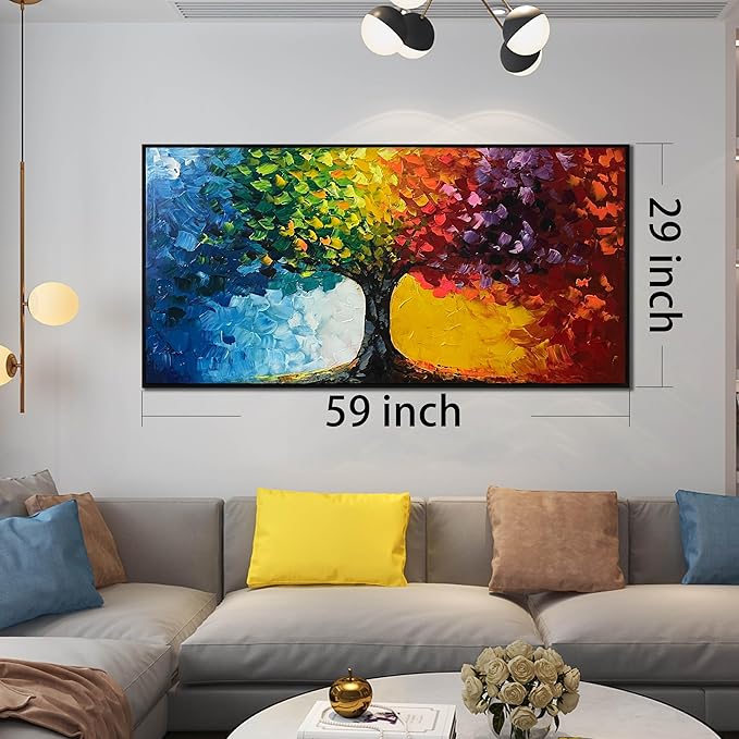 Hand Painted Colorful Tree Painting for Living Room - Bedroom Signs Wall Decor Above Bed - Large Framed Wall Art Size 29" x 59"-Ruum Studio Home