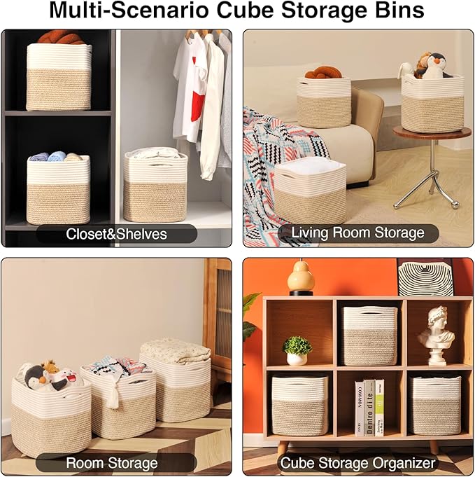 11 Inch Cube Storage Bins, Organizer Woven Cotton Rope Square Baskets for Organizing Shelves, Toys, Nursery, Off White & Brown (Pack of 3)-Ruum Studio Home