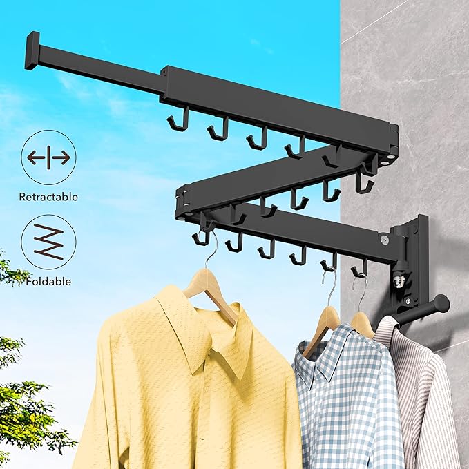 Wall Mounted Clothes Hanger,Clothes Drying Rack,Laundry Drying Rack,Drying Rack Clothing,Laundry Hanger Rack,Retractable Dryer Racks,Collapsible, Aluminum,can be Fold Upward & Left & Right-Ruum Studio Home