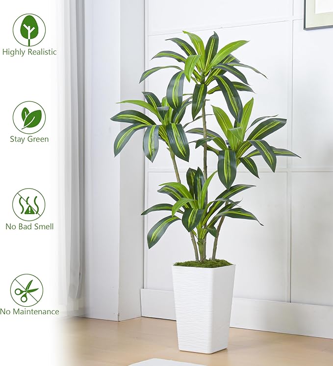 Artificial Dracaena Tree Artificial Silk Tree Faux Tree Fake Tropical Yucca Floor Plant with White Tall Planter (1, White Tall Planter, 5FT)-Ruum Studio Home