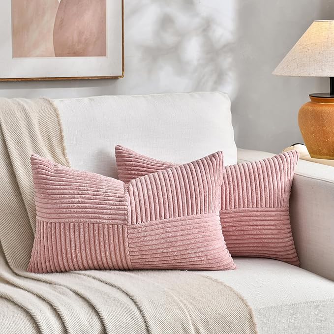 Fancy Homi 2 Packs Blush Pink Long Lumbar Decorative Throw Pillow Covers 16x24 Inch for Couch Bed Sofa, Rustic Farmhouse Boho Home Decor, Soft Striped Corduroy Rectangle Accent Cushion Case 40x60 cm-Ruum Studio Home