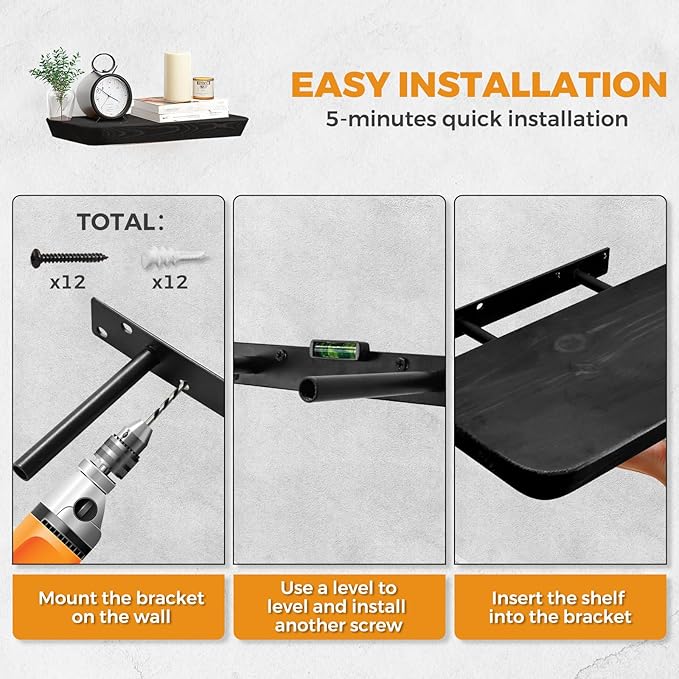 16"x6.8"x1.6" Slanted Floating Wall Shelves 2-Pack - Rustic Black Finish, Heavy-Duty Solid Wood Design with Hidden Brackets - Perfect for Living Room, Kitchen, Bathroom, or Office-Ruum Studio Home