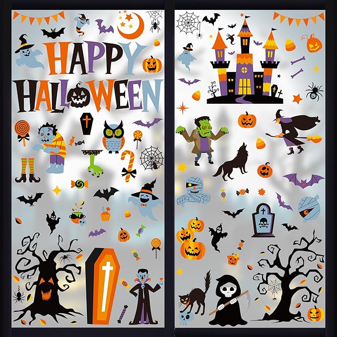 115PCS Halloween Window Clings, 9 Sheets Halloween Decorations, Cute Witch Tree Zombie Ghost Patterns PVC Window Stickers for Treat or Trick Party Favors Decal Supplies Decor Accessories-Ruum Studio Home