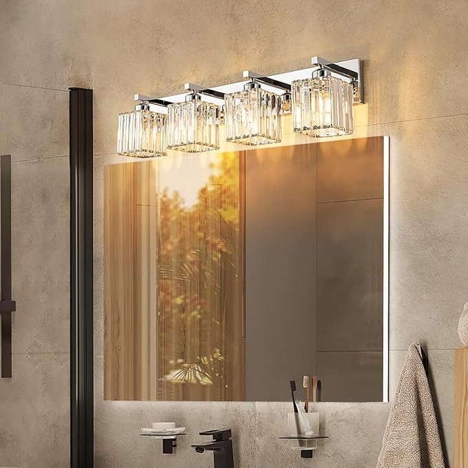 Modern 4-Light Chrome Crystal Bathroom Vanity Light Fixtures-Ruum Studio Home