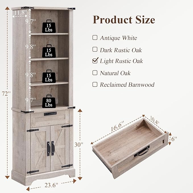 RedLemon Bookshelf with Storage Cabinet, 72" Tall Farmhouse Bookcase with Adjustable Shelves and Barn Door, 4 Tier Office Wood Bookshelf with Drawer for Office Library Living Room (Light Rustic Oak)-Ruum Studio Home