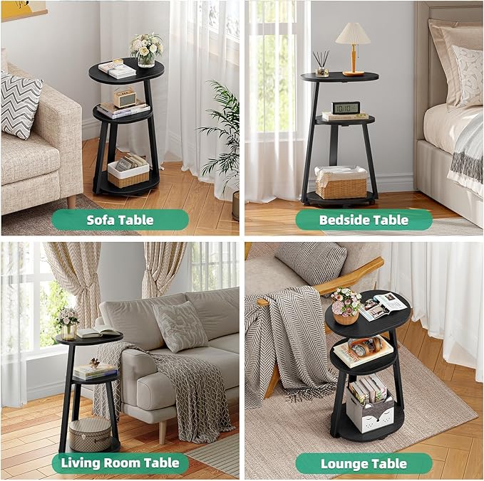 Side Table, Small End Table with Metal Frame, 3-Tier Bedside Tables, Round Side Tables for Living Room Bedroom Couch Bathroom, Oval, Pure Black-Ruum Studio Home