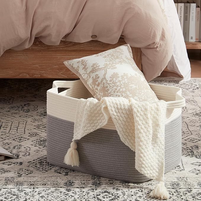 OIAHOMY 65L Blanket Basket, Cotton Rope Woven Blanket storage for Living Room, Rectangle Woven Baskets for Storage, 20''×16''×12'', Grey and White-Ruum Studio Home