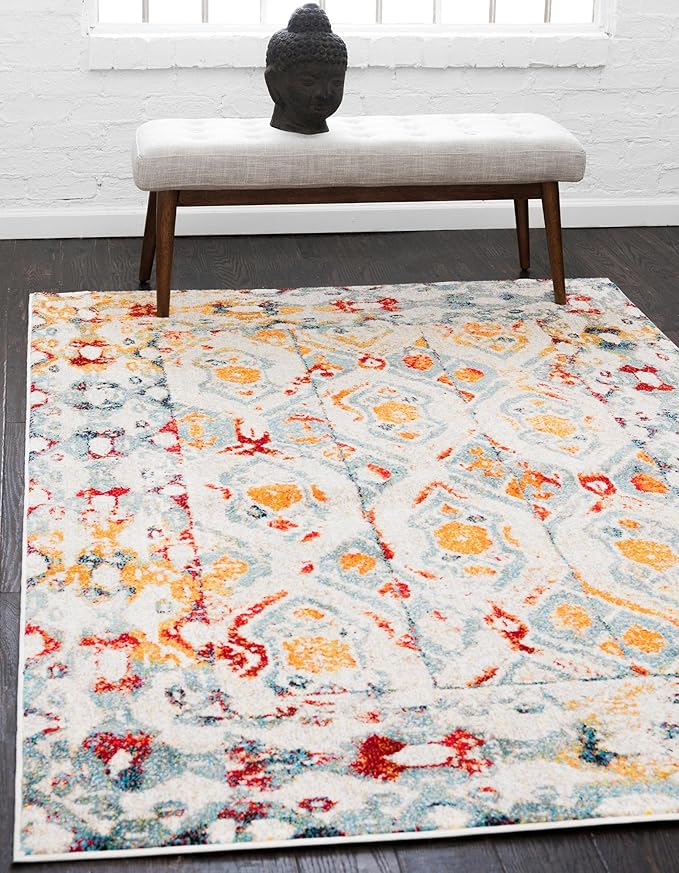 Unique Loom Rosso Collection Vintage, Geometric, Bohemian, Traditional, Distressed, Southwestern Area Rug, 4' 0" x 6' 0", Multi/Ivory-Ruum Studio Home